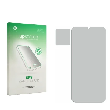 Parte frontal de un envase de producto con el logotipo de la marca upscreen. Al lado está el protector de pantalla correspondi