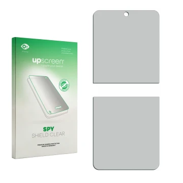 Parte frontal de un envase de producto con el logotipo de la marca upscreen. Al lado está el protector de pantalla correspondi