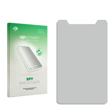 Parte frontal de un envase de producto con el logotipo de la marca upscreen. Al lado está el protector de pantalla correspondi