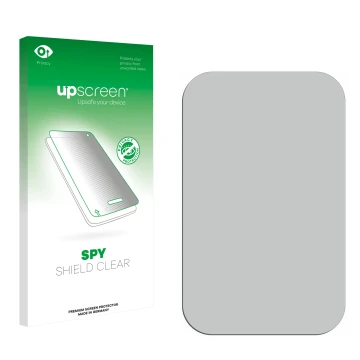 Parte frontal de un envase de producto con el logotipo de la marca upscreen. Al lado está el protector de pantalla correspondi
