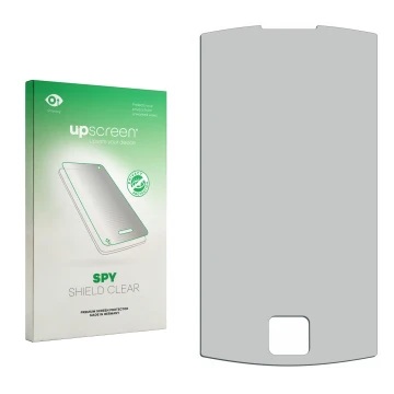 Parte frontal de un envase de producto con el logotipo de la marca upscreen. Al lado está el protector de pantalla correspondi
