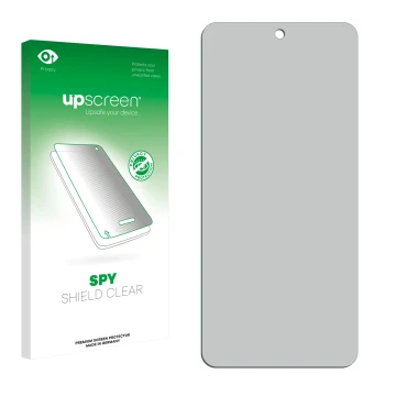 Parte frontal de un envase de producto con el logotipo de la marca upscreen. Al lado está el protector de pantalla correspondi