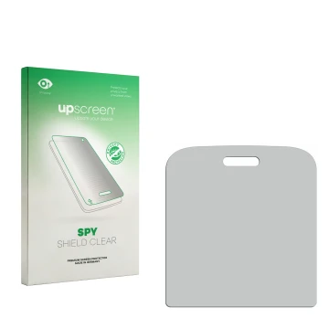 Parte frontal de un envase de producto con el logotipo de la marca upscreen. Al lado está el protector de pantalla correspondi