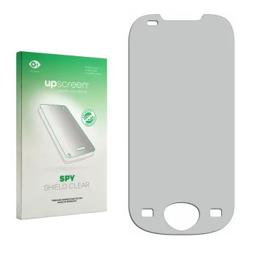 Parte frontal de un envase de producto con el logotipo de la marca upscreen. Al lado está el protector de pantalla correspondi