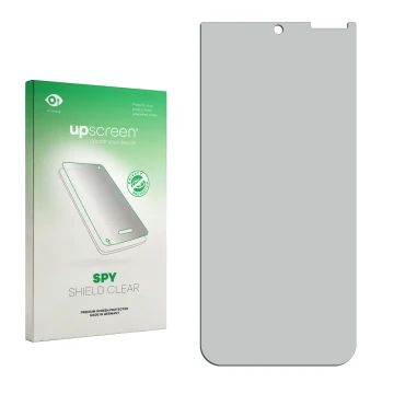 Parte frontal de un envase de producto con el logotipo de la marca upscreen. Al lado está el protector de pantalla correspondi
