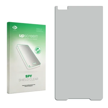 Parte frontal de un envase de producto con el logotipo de la marca upscreen. Al lado está el protector de pantalla correspondi