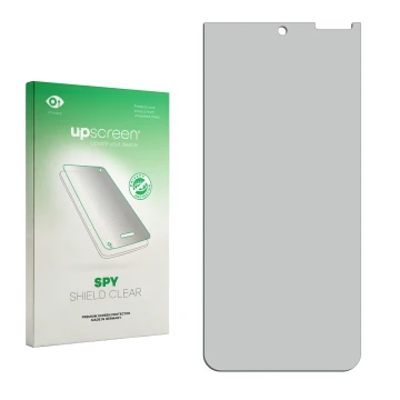 Parte frontal de un envase de producto con el logotipo de la marca upscreen. Al lado está el protector de pantalla correspondi