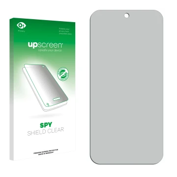 Parte frontal de un envase de producto con el logotipo de la marca upscreen. Al lado está el protector de pantalla correspondi