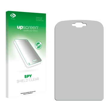 Parte frontal de un envase de producto con el logotipo de la marca upscreen. Al lado está el protector de pantalla correspondi