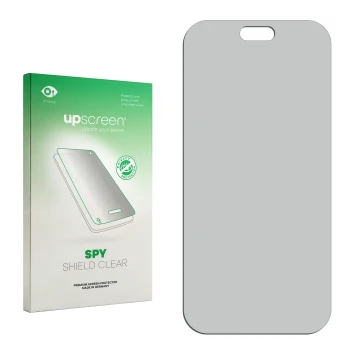Parte frontal de un envase de producto con el logotipo de la marca upscreen. Al lado está el protector de pantalla correspondi