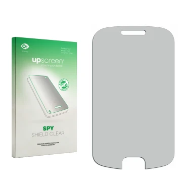 Parte frontal de un envase de producto con el logotipo de la marca upscreen. Al lado está el protector de pantalla correspondi