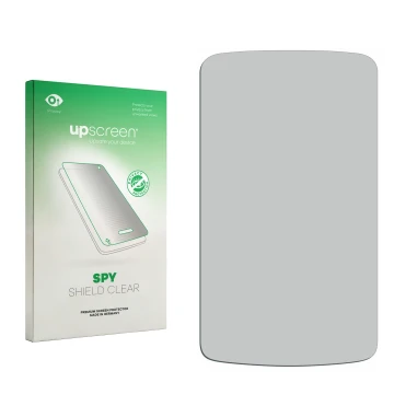 Parte frontal de un envase de producto con el logotipo de la marca upscreen. Al lado está el protector de pantalla correspondi