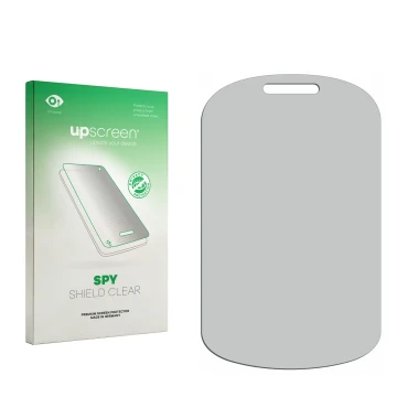 Parte frontal de un envase de producto con el logotipo de la marca upscreen. Al lado está el protector de pantalla correspondi