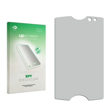 Parte frontal de un envase de producto con el logotipo de la marca upscreen. Al lado está el protector de pantalla correspondi