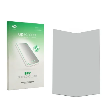 Parte frontal de un envase de producto con el logotipo de la marca upscreen. Al lado está el protector de pantalla correspondi