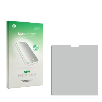 Parte frontal de un envase de producto con el logotipo de la marca upscreen. Al lado está el protector de pantalla correspondi