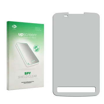 Parte frontal de un envase de producto con el logotipo de la marca upscreen. Al lado está el protector de pantalla correspondi