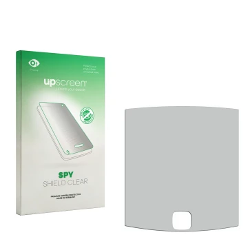 Parte frontal de un envase de producto con el logotipo de la marca upscreen. Al lado está el protector de pantalla correspondi