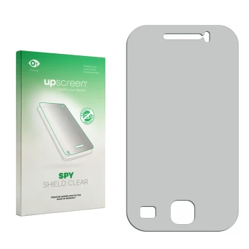 Parte frontal de un envase de producto con el logotipo de la marca upscreen. Al lado está el protector de pantalla correspondi