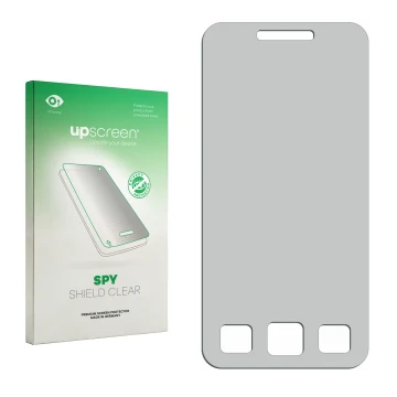Parte frontal de un envase de producto con el logotipo de la marca upscreen. Al lado está el protector de pantalla correspondi