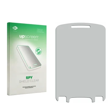 Parte frontal de un envase de producto con el logotipo de la marca upscreen. Al lado está el protector de pantalla correspondi