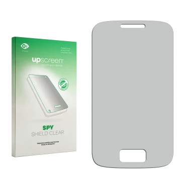 Parte frontal de un envase de producto con el logotipo de la marca upscreen. Al lado está el protector de pantalla correspondi