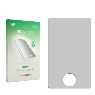 Parte frontal de un envase de producto con el logotipo de la marca upscreen. Al lado está el protector de pantalla correspondi