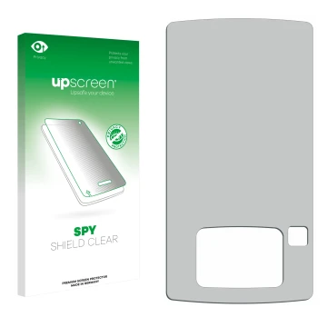 Parte frontal de un envase de producto con el logotipo de la marca upscreen. Al lado está el protector de pantalla correspondi