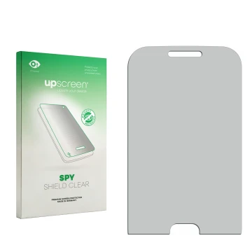 Parte frontal de un envase de producto con el logotipo de la marca upscreen. Al lado está el protector de pantalla correspondi