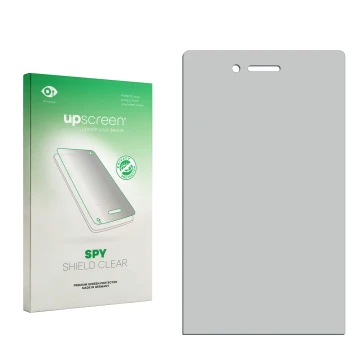 Parte frontal de un envase de producto con el logotipo de la marca upscreen. Al lado está el protector de pantalla correspondi