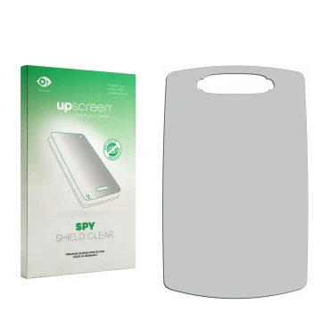 Parte frontal de un envase de producto con el logotipo de la marca upscreen. Al lado está el protector de pantalla correspondi