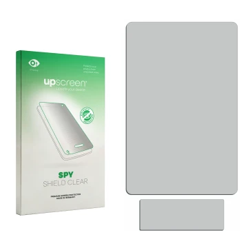 Parte frontal de un envase de producto con el logotipo de la marca upscreen. Al lado está el protector de pantalla correspondi
