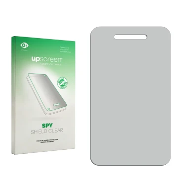 Parte frontal de un envase de producto con el logotipo de la marca upscreen. Al lado está el protector de pantalla correspondi