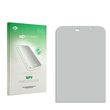 Parte frontal de un envase de producto con el logotipo de la marca upscreen. Al lado está el protector de pantalla correspondi