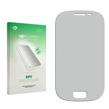 Parte frontal de un envase de producto con el logotipo de la marca upscreen. Al lado está el protector de pantalla correspondi