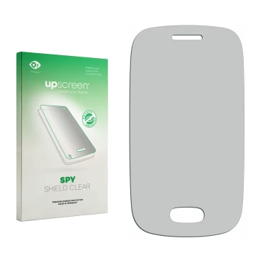 Parte frontal de un envase de producto con el logotipo de la marca upscreen. Al lado está el protector de pantalla correspondi