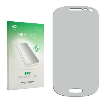 Parte frontal de un envase de producto con el logotipo de la marca upscreen. Al lado está el protector de pantalla correspondi