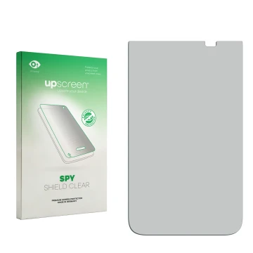 Parte frontal de un envase de producto con el logotipo de la marca upscreen. Al lado está el protector de pantalla correspondi