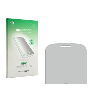 Parte frontal de un envase de producto con el logotipo de la marca upscreen. Al lado está el protector de pantalla correspondi