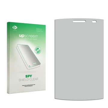 Parte frontal de un envase de producto con el logotipo de la marca upscreen. Al lado está el protector de pantalla correspondi