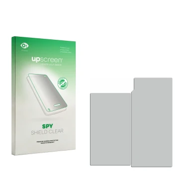Parte frontal de un envase de producto con el logotipo de la marca upscreen. Al lado está el protector de pantalla correspondi