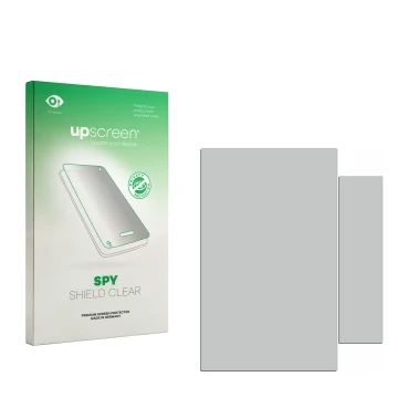 Parte frontal de un envase de producto con el logotipo de la marca upscreen. Al lado está el protector de pantalla correspondi