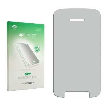 Parte frontal de un envase de producto con el logotipo de la marca upscreen. Al lado está el protector de pantalla correspondi