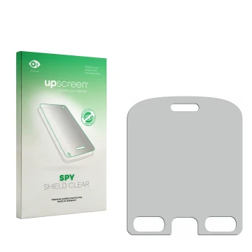 Parte frontal de un envase de producto con el logotipo de la marca upscreen. Al lado está el protector de pantalla correspondi
