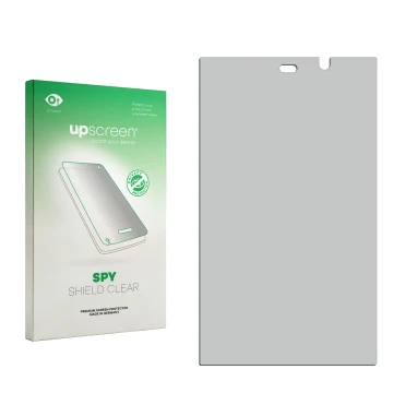 Parte frontal de un envase de producto con el logotipo de la marca upscreen. Al lado está el protector de pantalla correspondi