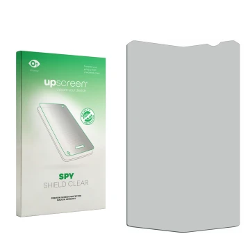 Parte frontal de un envase de producto con el logotipo de la marca upscreen. Al lado está el protector de pantalla correspondi