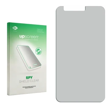 Parte frontal de un envase de producto con el logotipo de la marca upscreen. Al lado está el protector de pantalla correspondi