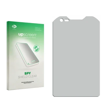 Parte frontal de un envase de producto con el logotipo de la marca upscreen. Al lado está el protector de pantalla correspondi