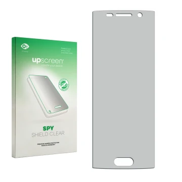 Parte frontal de un envase de producto con el logotipo de la marca upscreen. Al lado está el protector de pantalla correspondi