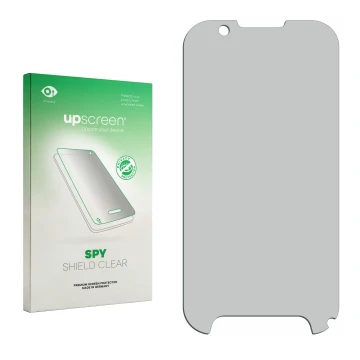 Parte frontal de un envase de producto con el logotipo de la marca upscreen. Al lado está el protector de pantalla correspondi